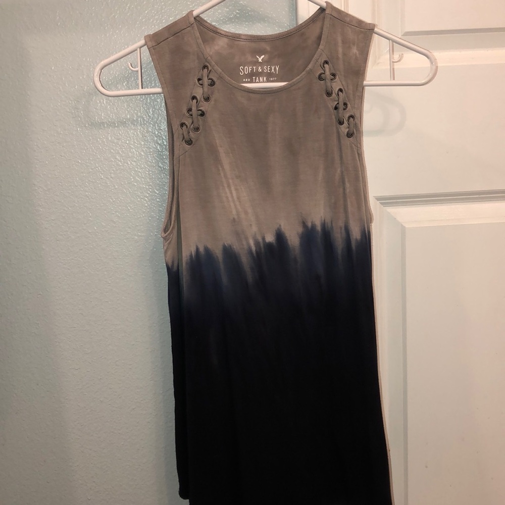 Blue/gray ombré front cross design tank